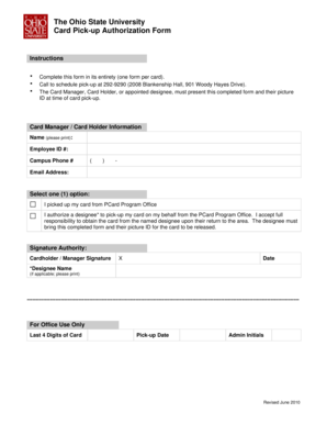 Ohio State University Card Pick-up Authorization Form