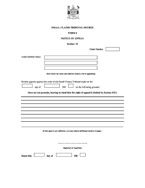 Small Claims Tribunal Appeal Notice