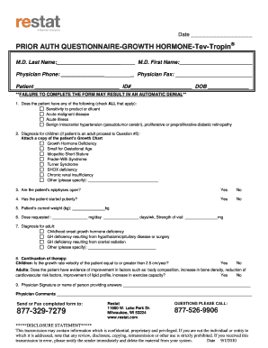 Prior Authorization Questionnaire Growth Hormone