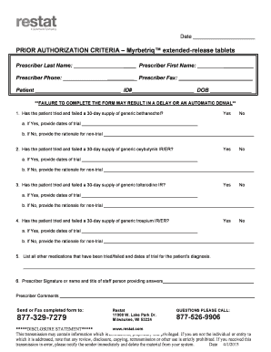 Prior Authorization Form for Myrbetriq