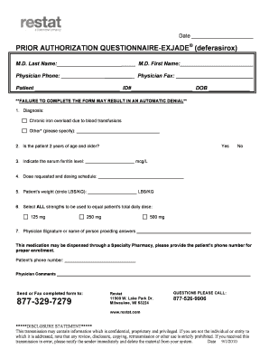 Prior Authorization Questionnaire for Exjade