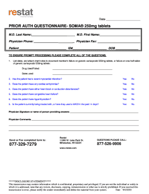 Prior Authorization Questionnaire for SOMA 250mg Tablets