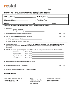 Prior Authorization Questionnaire for Zomig