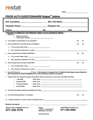 Prior Authorization Questionnaire for Relpax Tablets