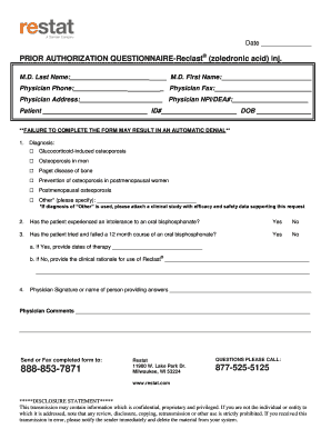 Prior Authorization Questionnaire for Reclast