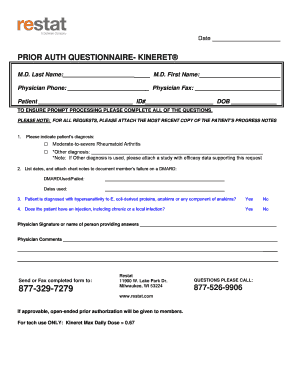 Prior Authorization Questionnaire for Kineret