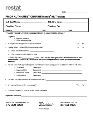 Prior Authorization Questionnaire for Maxalt