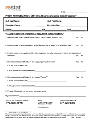 Prior Authorization Form for Bisphosphonates Brand Fosamax