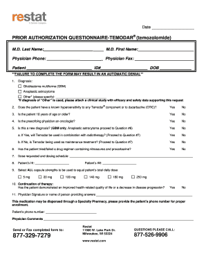 Prior Authorization Questionnaire for Temodar