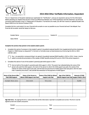 2015-2016 Verification Form for Dependent Students