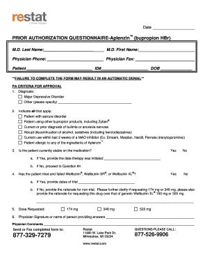 Prior Authorization Questionnaire for Aplenzin