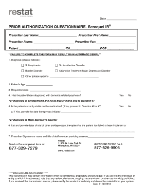 Prior Authorization Questionnaire for Seroquel IR