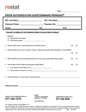 Prior Authorization Questionnaire for Pennsaid