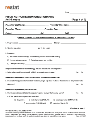Prior Authorization Questionnaire for Anti-Emetics