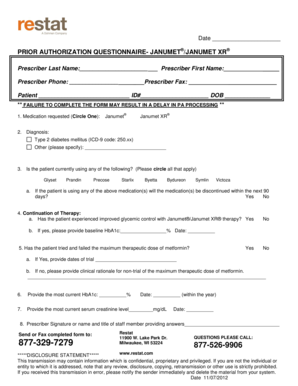 Prior Authorization Questionnaire for Janumet
