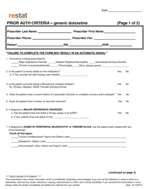 Prior Authorization Form for Generic Duloxetine