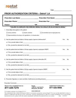 Prior Authorization Form for Detrol LA