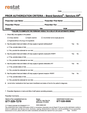 Prior Authorization Form for Brand Sanctura/Sanctura XR
