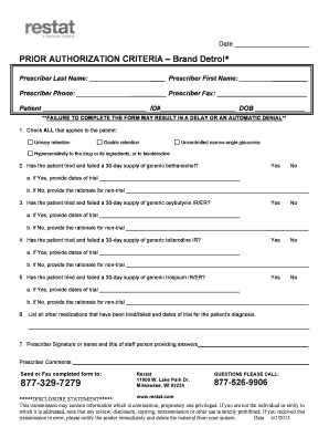 Prior Authorization Form for Brand Detrol