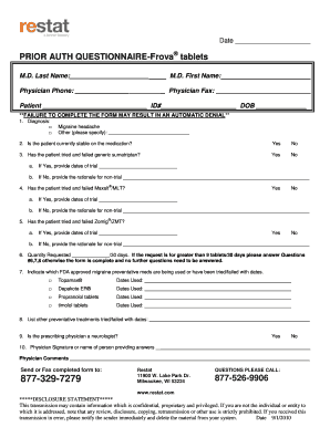 Prior Authorization Questionnaire for Frova Tablets