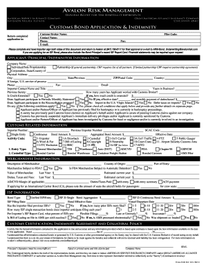 Customs Bond Application & Indemnity