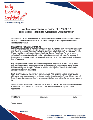 School Readiness Attendance Documentation Form