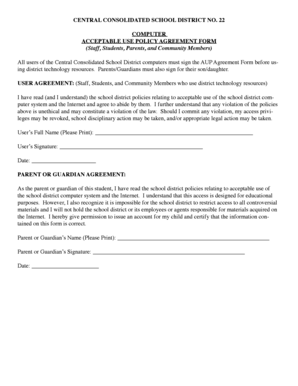 Central Consolidated School District Computer Acceptable Use Policy Agreement Form