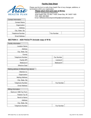 Facility Data Sheet for Arise Health Plan