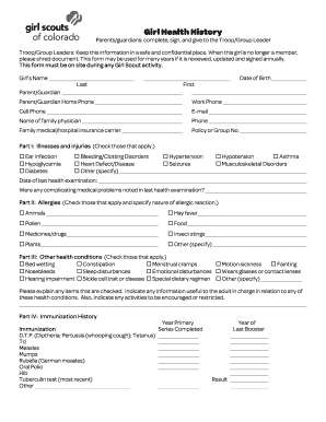 Girl Health History Form