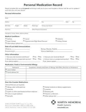 Personal Medication Record Form