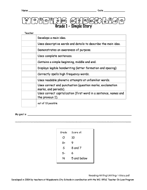 Grade 1 Simple Story Writing Checklist
