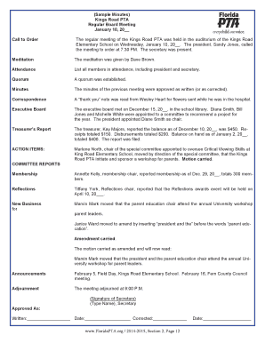 Sample Minutes Kings Road PTA Regular Board Meeting January - floridapta