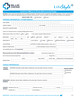 LifeStyle Medical Plan Application Form
