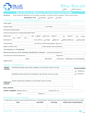 Blue Royale Medical Plan Application Form
