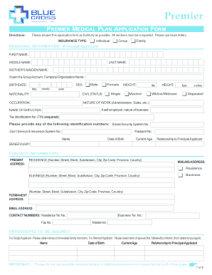 Premier Medical Plan Application Form