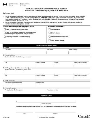 Canada Revenue Agency Individual Tax Number Application