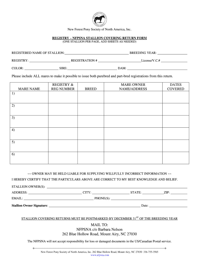 Fillable Online REGISTRY NFPSNA STALLION COVERING RETURN FORM ONE