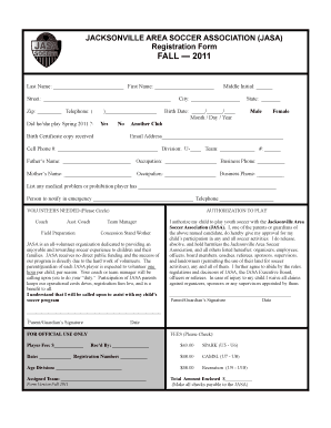 Jacksonville Area Soccer Association Registration Form