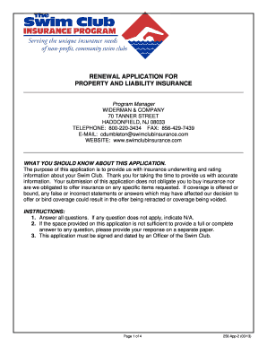 Swim Club Insurance Renewal Application