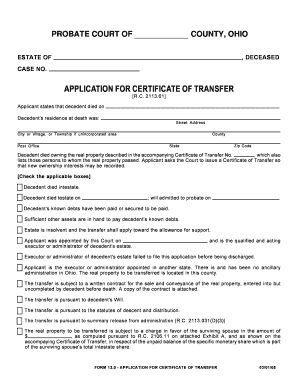 Ohio Probate Court Application for Certificate of Transfer