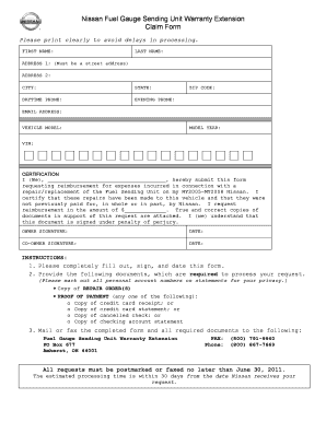 Nissan Fuel Gauge Sending Unit Warranty Extension Claim Form