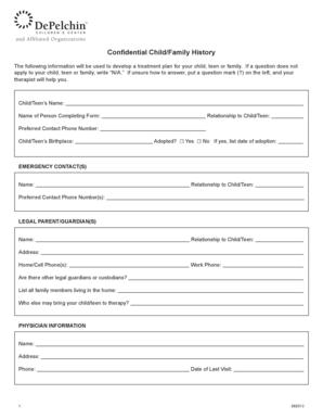 Confidential Child Family History Form