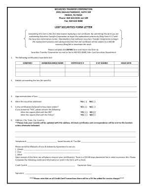 Lost Securities Form Letter