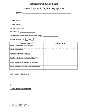 Student Snapshot for English Language Arts