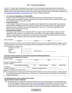 Financial Data Addendum for International Student Application