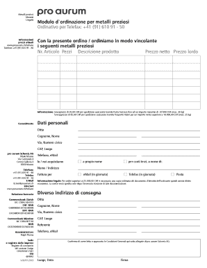 Modulo d`ordinazione per metalli preziosi