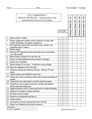 N222 Skills Checklist for Intramuscular Injection to Infant