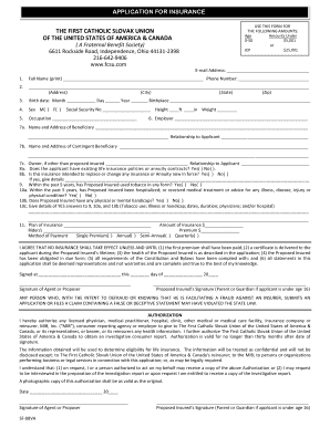 First Catholic Slovak Union Life Insurance Application