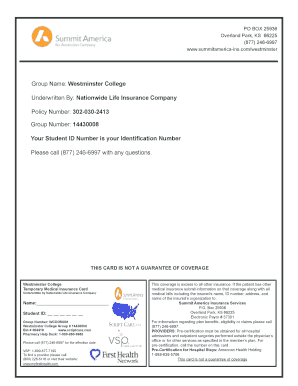 Westminster College Student Medical Insurance Card