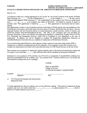 Letter of retirement example - 9-MONTH SAMPLE OFFER LETTER VISITING TEACHING FACULTY I - hr fsu